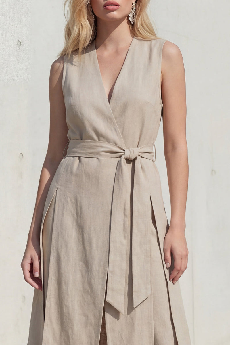 Laden Sie das Bild in den Galerie-Viewer, Khaki V-Ausschnitt Bodycon Midi-Schlitz Damenanzug mit Gürtel
