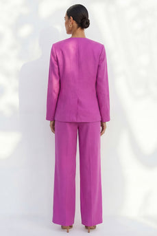 Fuchsiafarbener V-Ausschnitt Satin-Anzug mit Satin und langer Damenanzug