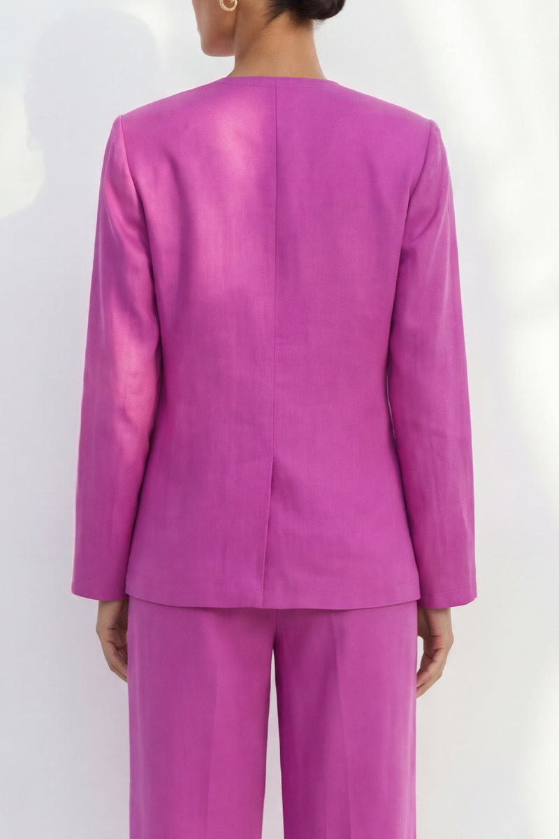 Laden Sie das Bild in den Galerie-Viewer, Fuchsiafarbener V-Ausschnitt Satin-Anzug mit Satin und langer Damenanzug