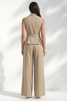 Khaki-Notched Revers Doppelreihiger langer, schmalgeschnittener Damenanzug mit Gürtel