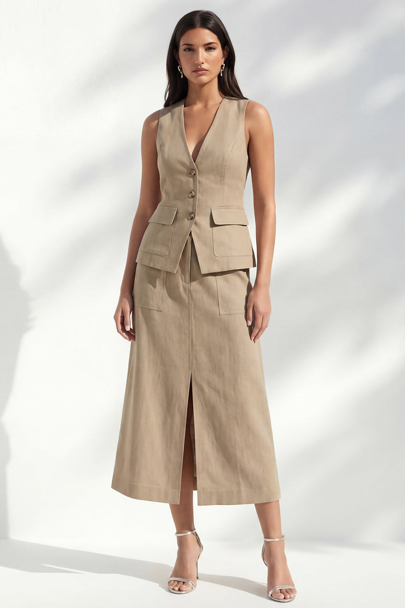 Laden Sie das Bild in den Galerie-Viewer, Khaki V-Ausschnitt Bodycon einreihiges Midi-Slimfit-Arbeitskleid mit Schlitz