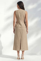 Laden Sie das Bild in den Galerie-Viewer, Khaki V-Ausschnitt Bodycon einreihiges Midi-Slimfit-Arbeitskleid mit Schlitz