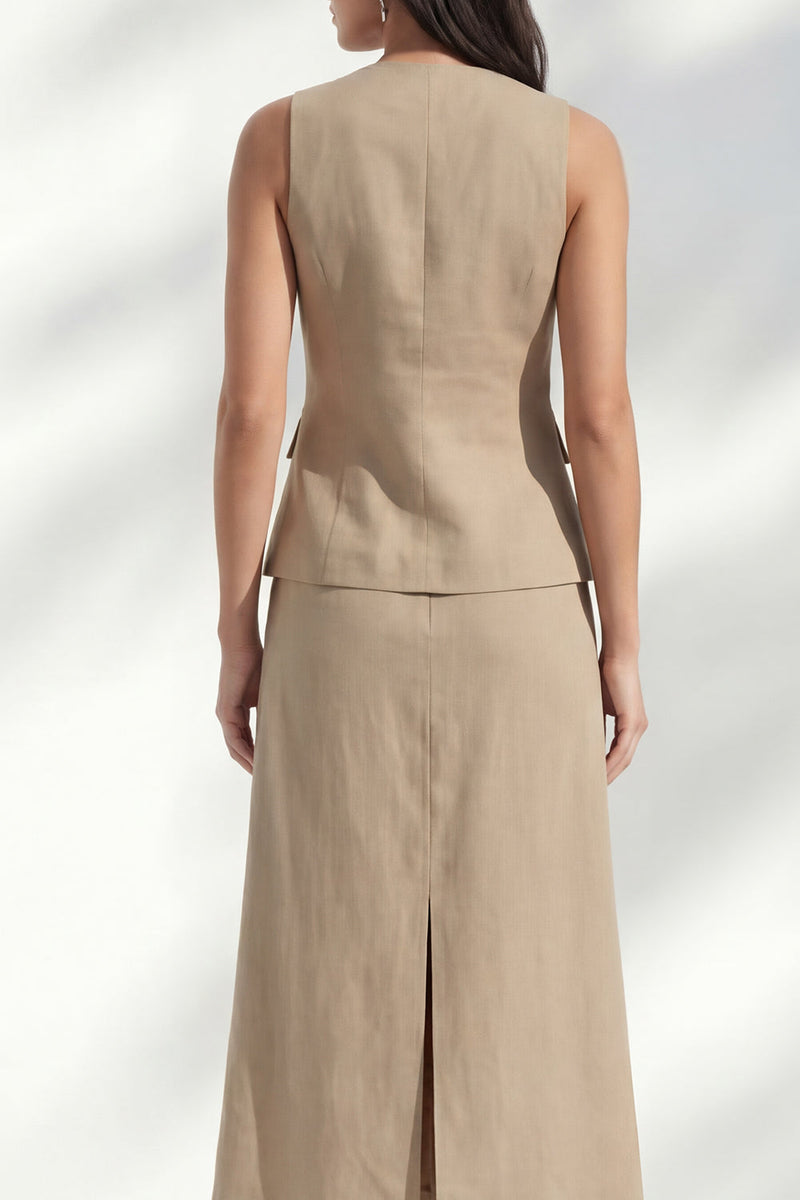 Laden Sie das Bild in den Galerie-Viewer, Khaki V-Ausschnitt Bodycon einreihiges Midi-Slimfit-Arbeitskleid mit Schlitz