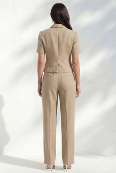 Khaki-Notched Revers, einreihiger Kurzärmel, Slim Fit langer Damenanzug