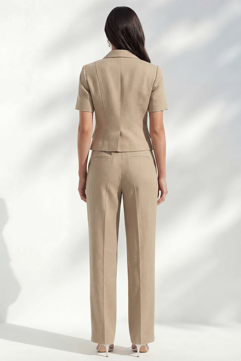 Laden Sie das Bild in den Galerie-Viewer, Khaki-Notched Revers, einreihiger Kurzärmel, Slim Fit langer Damenanzug