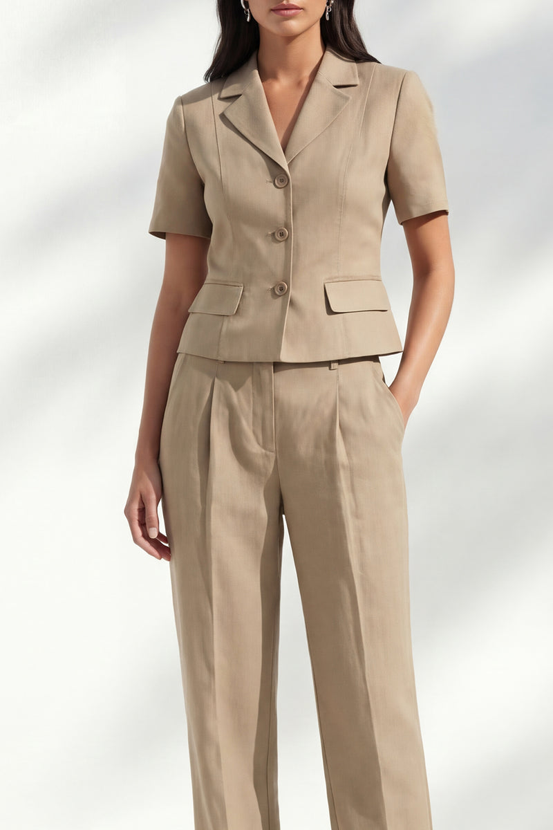 Laden Sie das Bild in den Galerie-Viewer, Khaki-Notched Revers, einreihiger Kurzärmel, Slim Fit langer Damenanzug