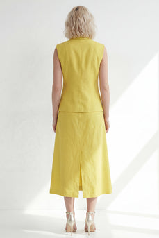 Buttergelbe, eingekerbtes Revers mit einem Knopf Slim Fit Midi-Arbeitskleid mit Schlitz