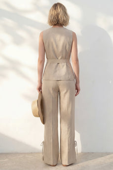 Khaki-V-Ausschnitt langer, schmaler Damenanzug mit Gürtel