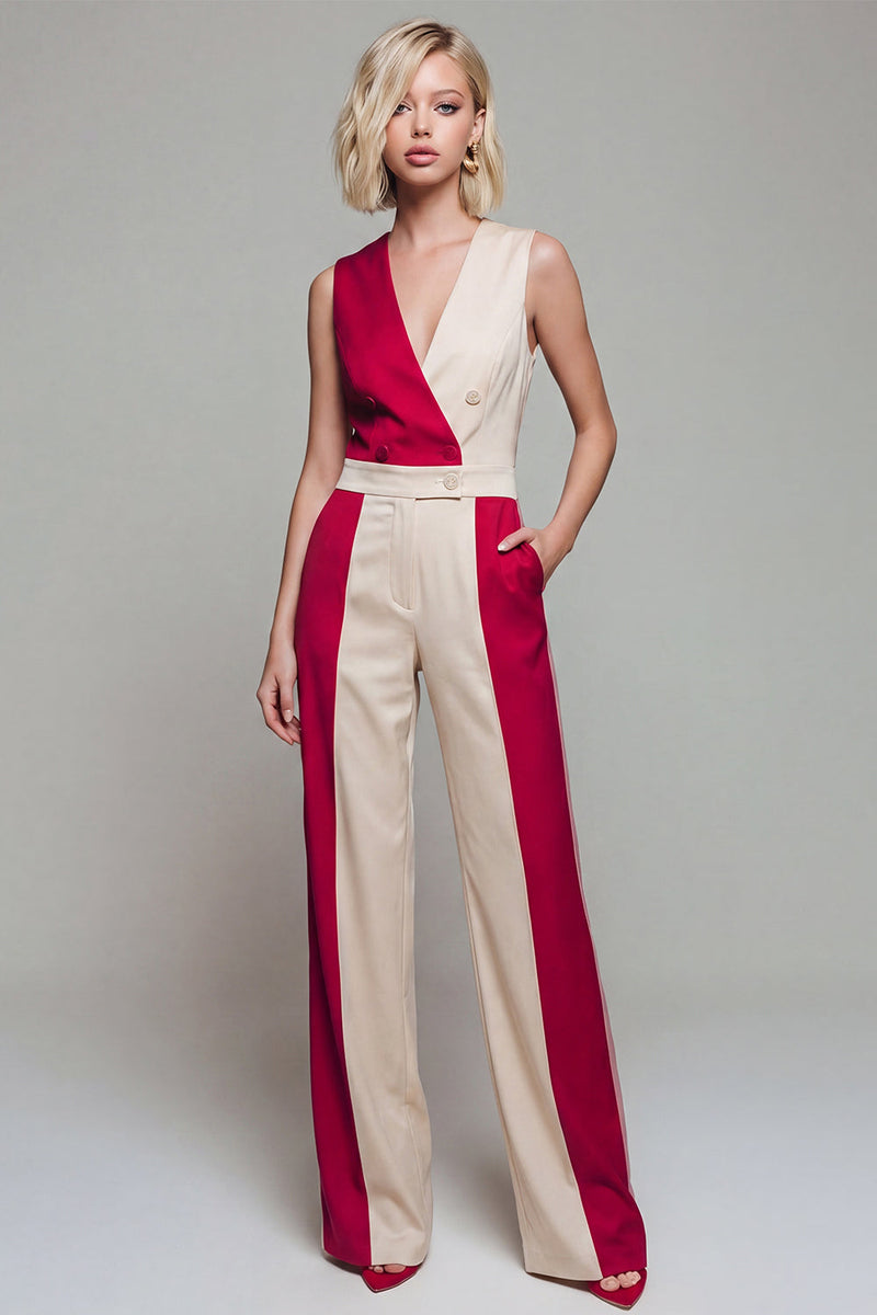 Laden Sie das Bild in den Galerie-Viewer, V-Ausschnitt ColorBlock Light Khaki Damen-Overalls
