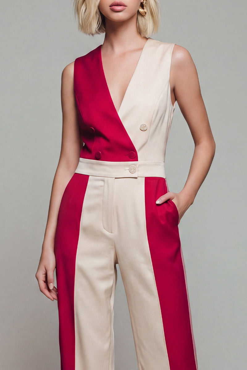 Laden Sie das Bild in den Galerie-Viewer, V-Ausschnitt ColorBlock Light Khaki Damen-Overalls