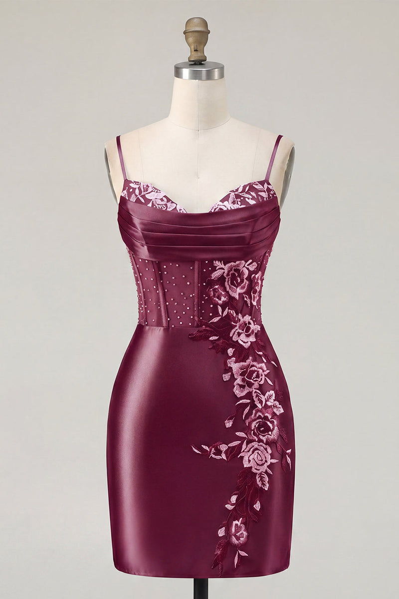 Laden Sie das Bild in den Galerie-Viewer, Marineblaues Korsett, Satin Bodycon besticktes Homecoming-Kleid