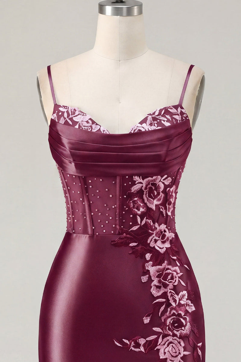 Laden Sie das Bild in den Galerie-Viewer, Marineblaues Korsett, Satin Bodycon besticktes Homecoming-Kleid