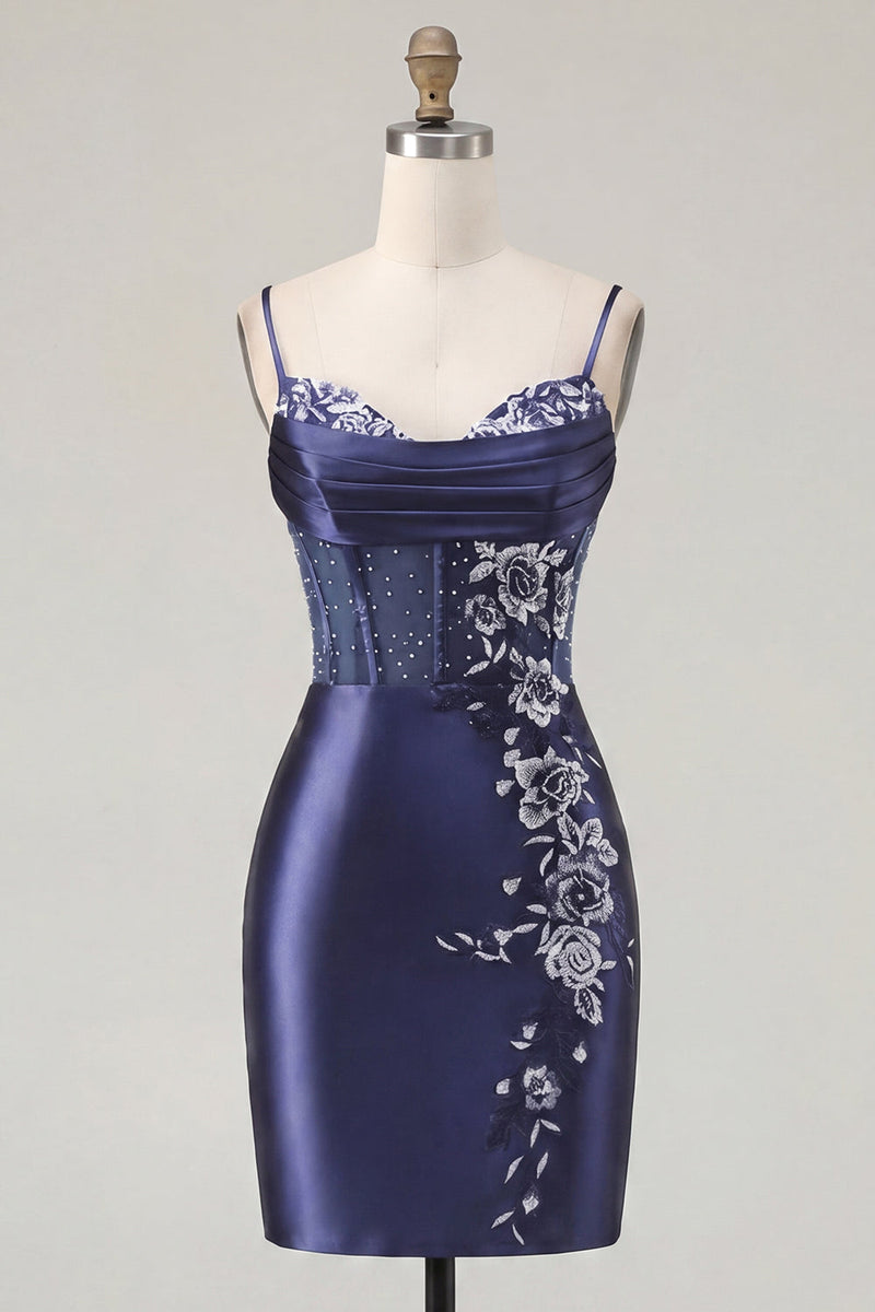 Laden Sie das Bild in den Galerie-Viewer, Marineblaues Korsett, Satin Bodycon besticktes Homecoming-Kleid