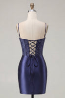 Laden Sie das Bild in den Galerie-Viewer, Marineblaues Korsett, Satin Bodycon besticktes Homecoming-Kleid