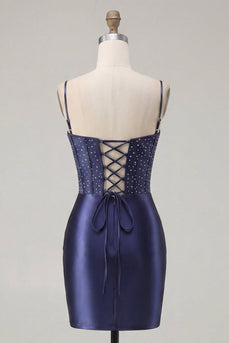 Marineblaues Korsett, Satin Bodycon besticktes Homecoming-Kleid