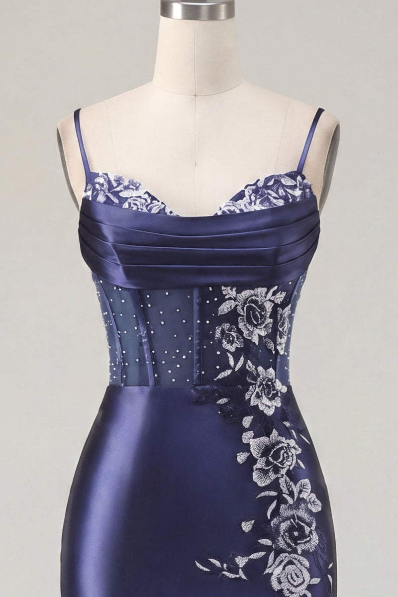 Laden Sie das Bild in den Galerie-Viewer, Marineblaues Korsett, Satin Bodycon besticktes Homecoming-Kleid