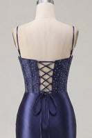 Laden Sie das Bild in den Galerie-Viewer, Marineblaues Korsett, Satin Bodycon besticktes Homecoming-Kleid