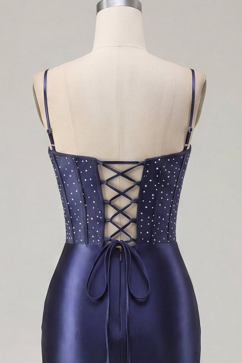 Laden Sie das Bild in den Galerie-Viewer, Marineblaues Korsett, Satin Bodycon besticktes Homecoming-Kleid