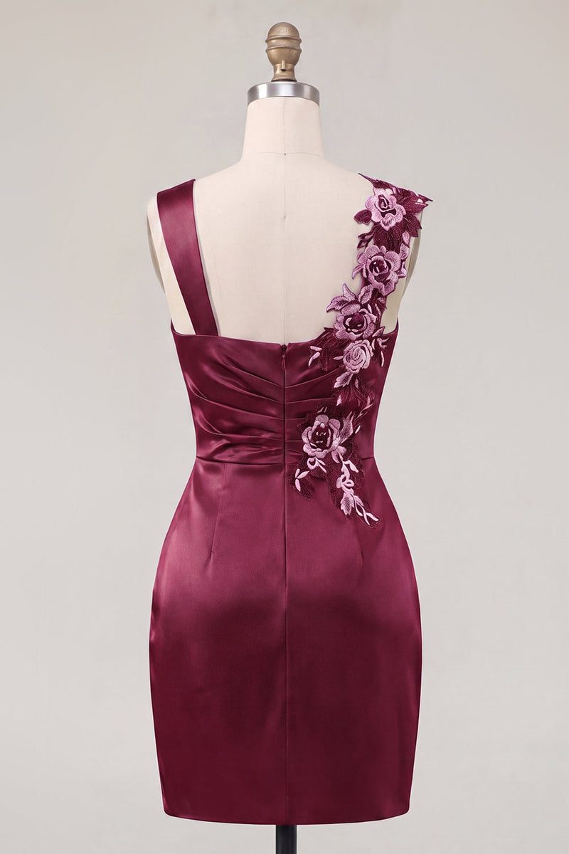 Laden Sie das Bild in den Galerie-Viewer, Marineblaues Satin, gerafftes besticktes Bodycon-Homecoming-Kleid
