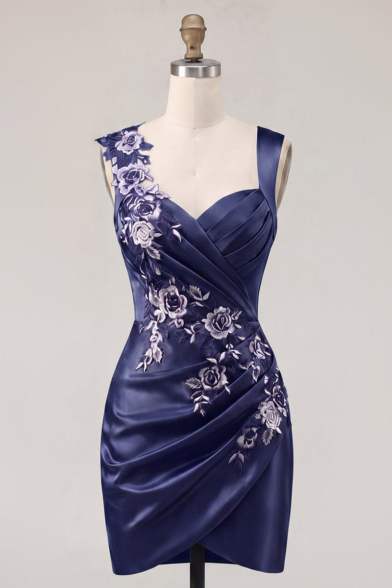 Laden Sie das Bild in den Galerie-Viewer, Marineblaues Satin, gerafftes besticktes Bodycon-Homecoming-Kleid