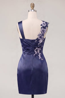 Marineblaues Satin, gerafftes besticktes Bodycon-Homecoming-Kleid