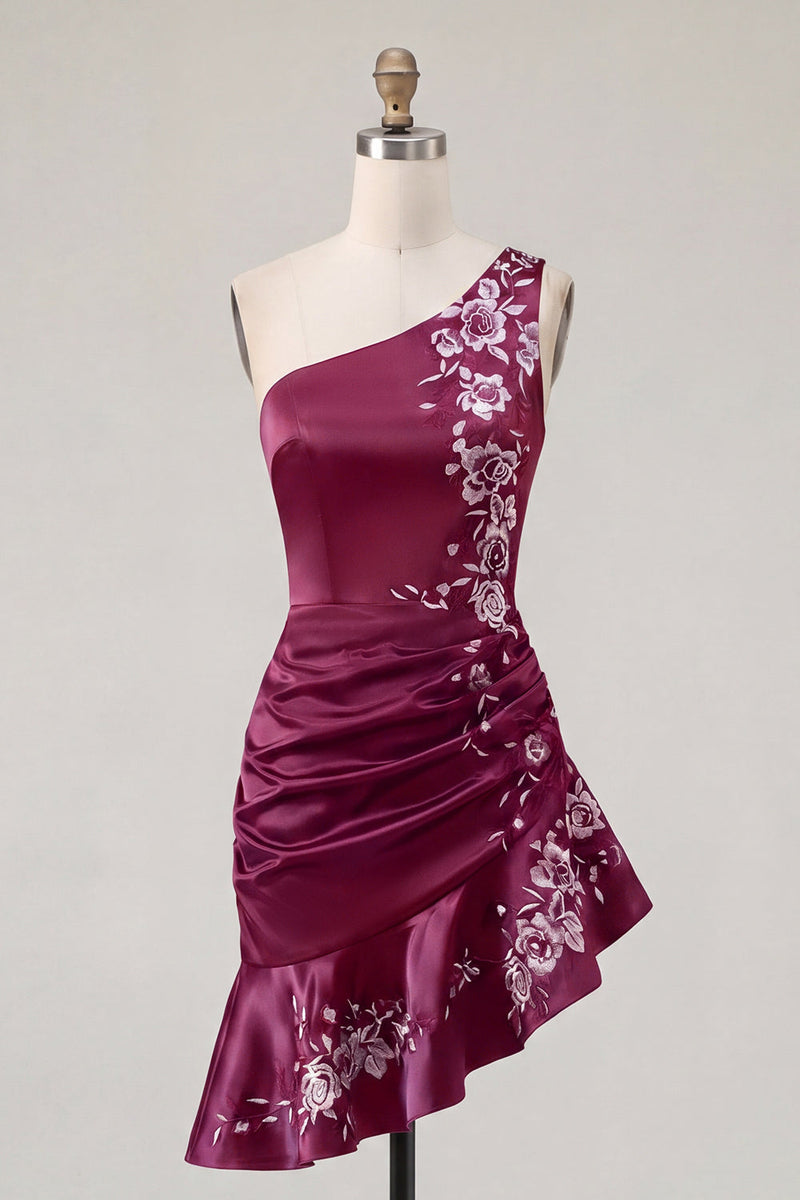 Laden Sie das Bild in den Galerie-Viewer, Einschulter-Marineblaues, satinartiges, gerafftes Bodycon-Mini-Homecoming-Kleid