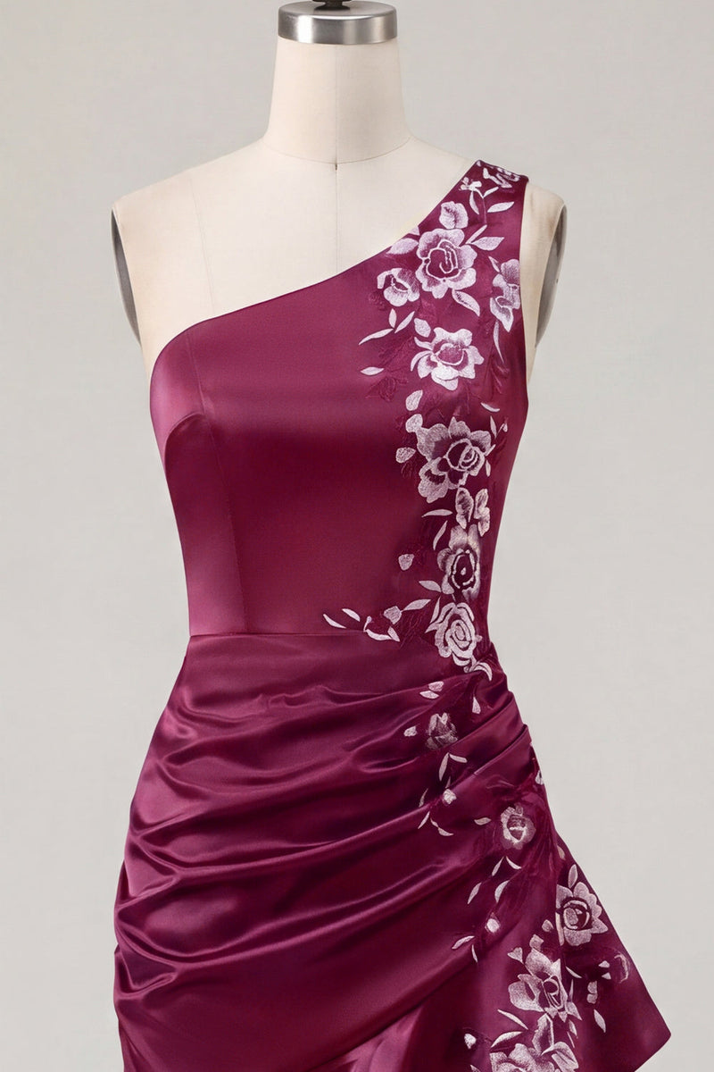 Laden Sie das Bild in den Galerie-Viewer, Einschulter-Marineblaues, satinartiges, gerafftes Bodycon-Mini-Homecoming-Kleid
