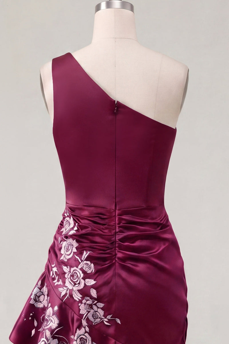 Laden Sie das Bild in den Galerie-Viewer, Einschulter-Marineblaues, satinartiges, gerafftes Bodycon-Mini-Homecoming-Kleid