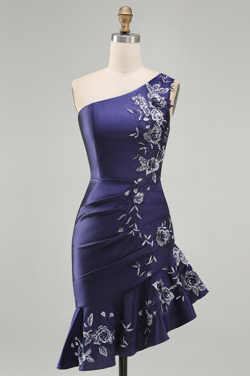 Laden Sie das Bild in den Galerie-Viewer, Einschulter-Marineblaues, satinartiges, gerafftes Bodycon-Mini-Homecoming-Kleid