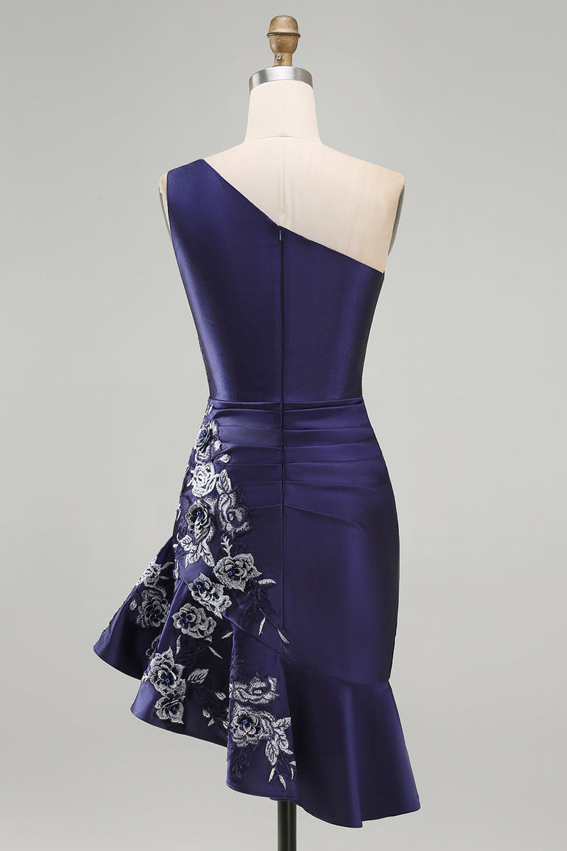 Laden Sie das Bild in den Galerie-Viewer, Einschulter-Marineblaues, satinartiges, gerafftes Bodycon-Mini-Homecoming-Kleid