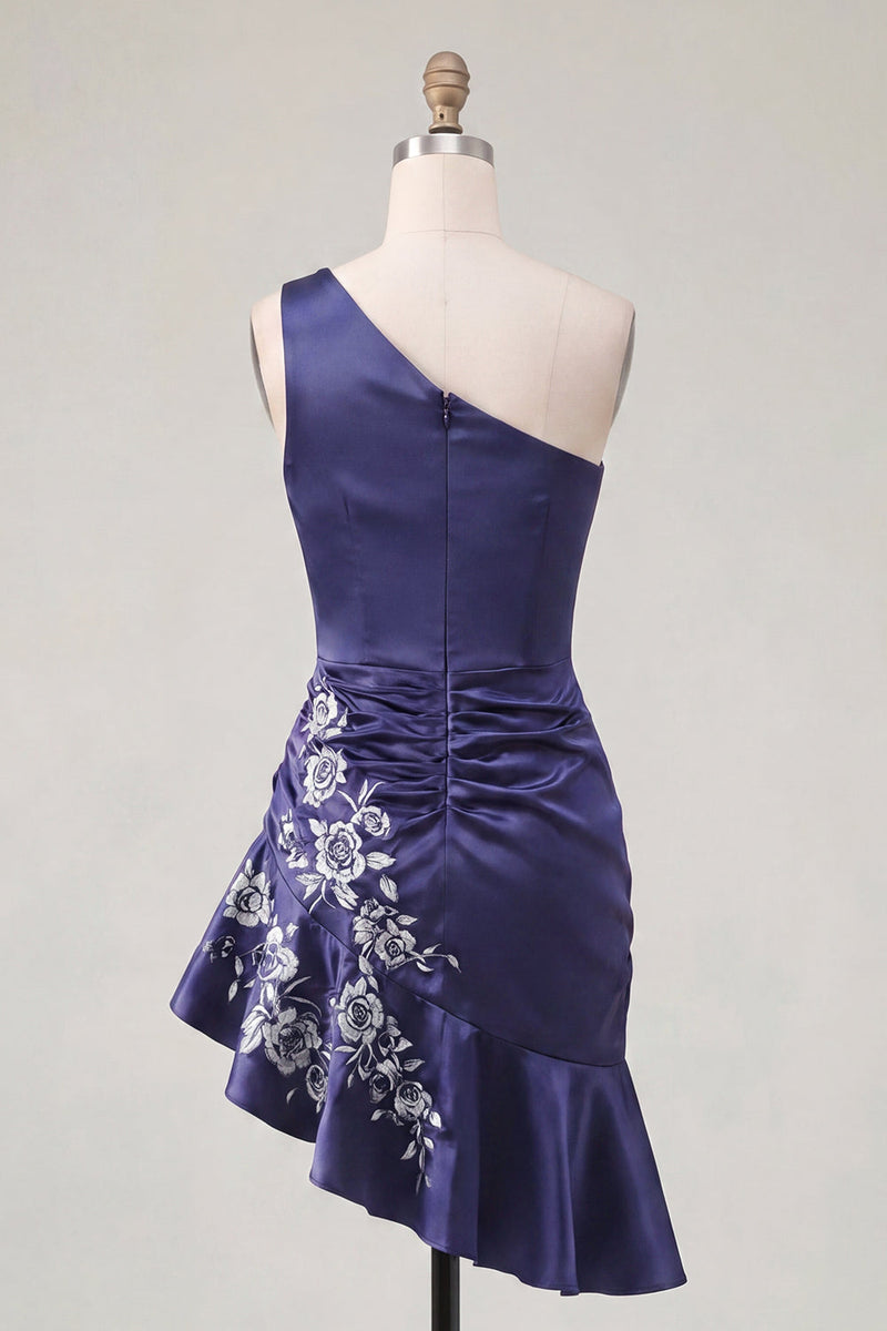 Laden Sie das Bild in den Galerie-Viewer, Einschulter-Marineblaues, satinartiges, gerafftes Bodycon-Mini-Homecoming-Kleid