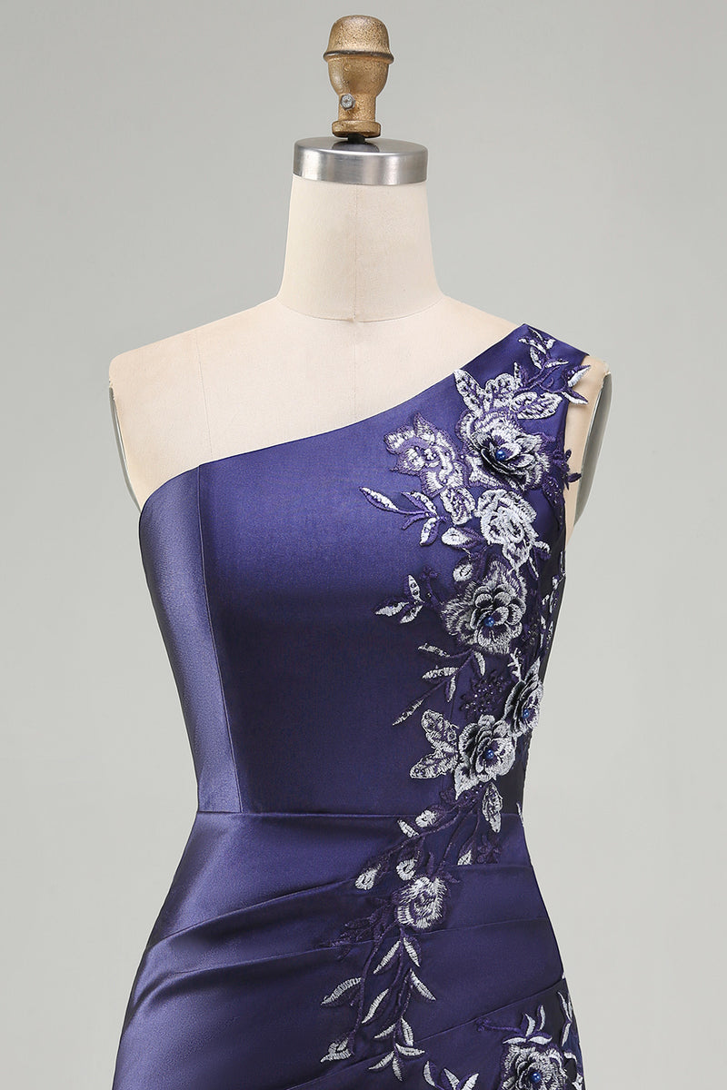 Laden Sie das Bild in den Galerie-Viewer, Einschulter-Marineblaues, satinartiges, gerafftes Bodycon-Mini-Homecoming-Kleid