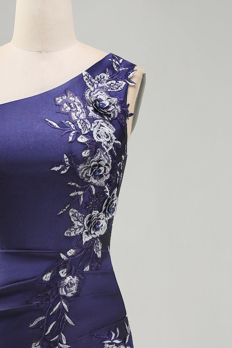 Laden Sie das Bild in den Galerie-Viewer, Einschulter-Marineblaues, satinartiges, gerafftes Bodycon-Mini-Homecoming-Kleid
