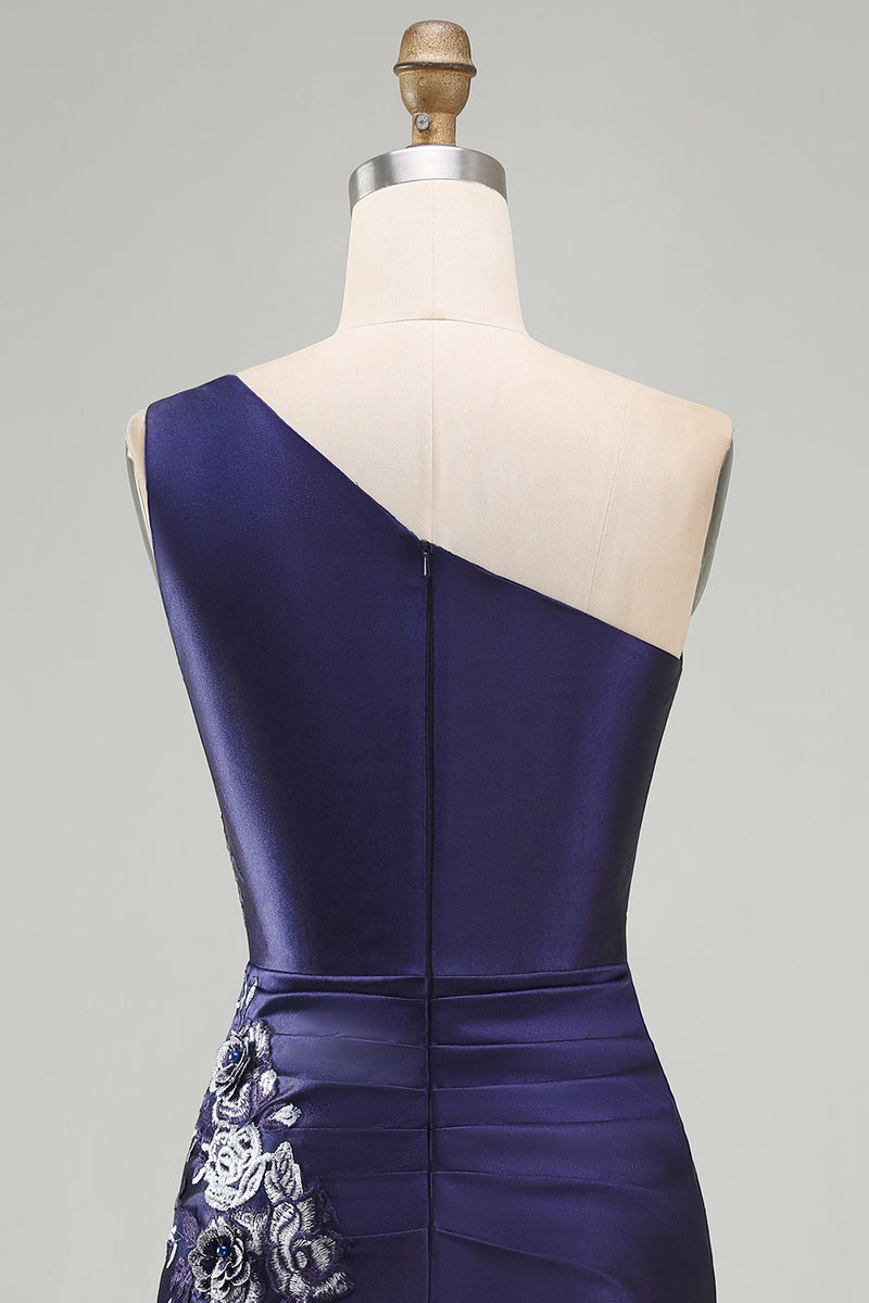 Laden Sie das Bild in den Galerie-Viewer, Einschulter-Marineblaues, satinartiges, gerafftes Bodycon-Mini-Homecoming-Kleid