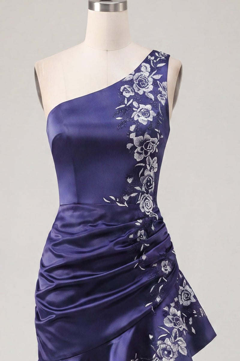 Laden Sie das Bild in den Galerie-Viewer, Einschulter-Marineblaues, satinartiges, gerafftes Bodycon-Mini-Homecoming-Kleid