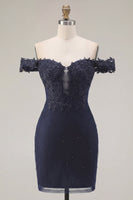 Laden Sie das Bild in den Galerie-Viewer, Marineblaues, schulterloses, mit Perlen besetztes Bodycon-Homecoming-Kleid
