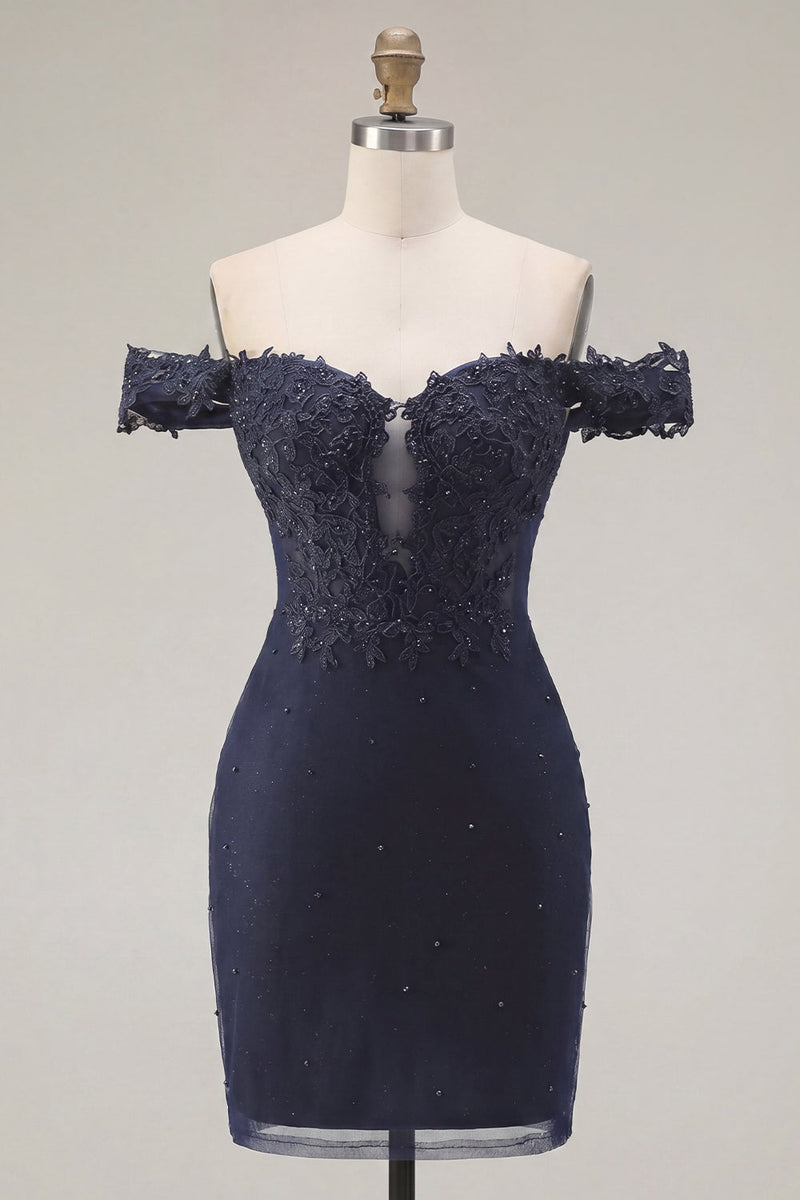 Laden Sie das Bild in den Galerie-Viewer, Marineblaues, schulterloses, mit Perlen besetztes Bodycon-Homecoming-Kleid