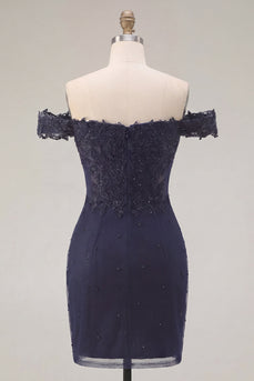 Marineblaues, schulterloses, mit Perlen besetztes Bodycon-Homecoming-Kleid