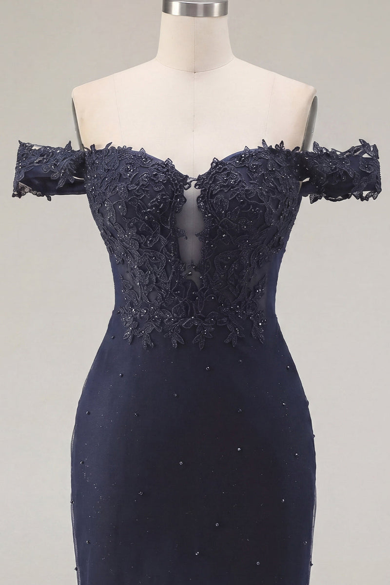 Laden Sie das Bild in den Galerie-Viewer, Marineblaues, schulterloses, mit Perlen besetztes Bodycon-Homecoming-Kleid
