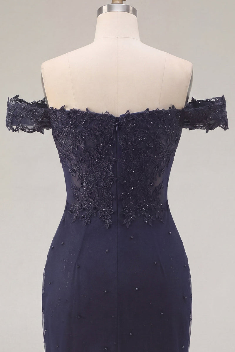 Laden Sie das Bild in den Galerie-Viewer, Marineblaues, schulterloses, mit Perlen besetztes Bodycon-Homecoming-Kleid