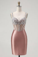 Laden Sie das Bild in den Galerie-Viewer, Blush-Satin Bodycon transparentes Korsett-Mini-Homecoming-Kleid mit Strasssteinen