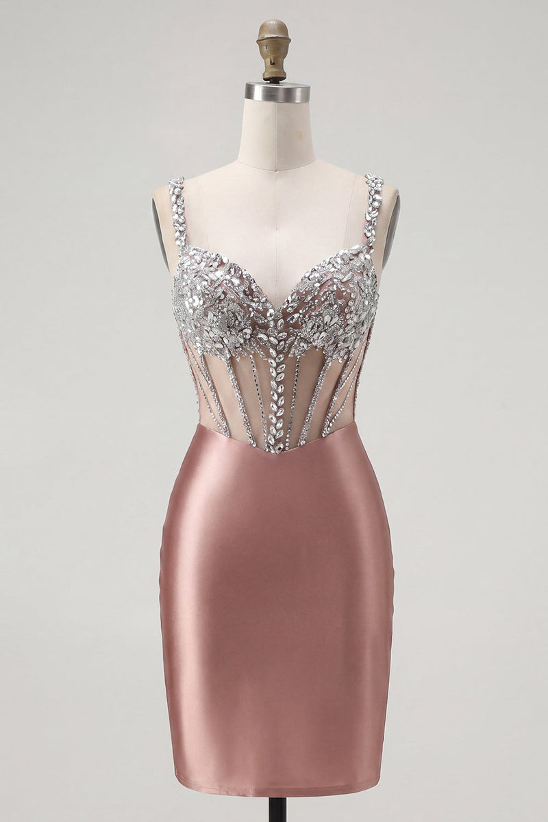 Laden Sie das Bild in den Galerie-Viewer, Blush-Satin Bodycon transparentes Korsett-Mini-Homecoming-Kleid mit Strasssteinen