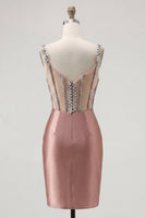 Laden Sie das Bild in den Galerie-Viewer, Blush-Satin Bodycon transparentes Korsett-Mini-Homecoming-Kleid mit Strasssteinen