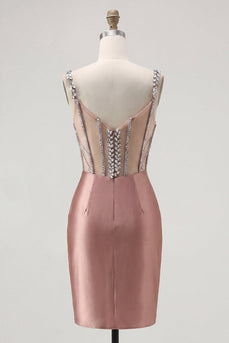 Blush-Satin Bodycon transparentes Korsett-Mini-Homecoming-Kleid mit Strasssteinen