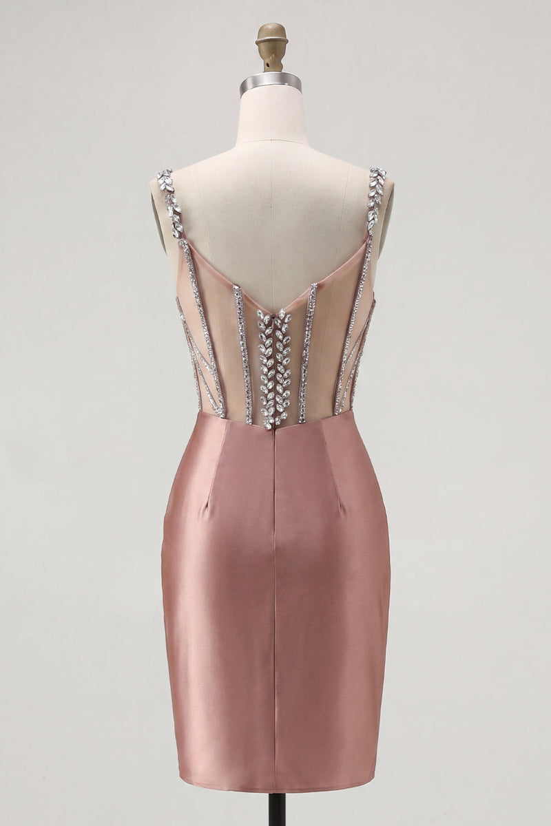 Laden Sie das Bild in den Galerie-Viewer, Blush-Satin Bodycon transparentes Korsett-Mini-Homecoming-Kleid mit Strasssteinen