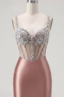 Laden Sie das Bild in den Galerie-Viewer, Blush-Satin Bodycon transparentes Korsett-Mini-Homecoming-Kleid mit Strasssteinen