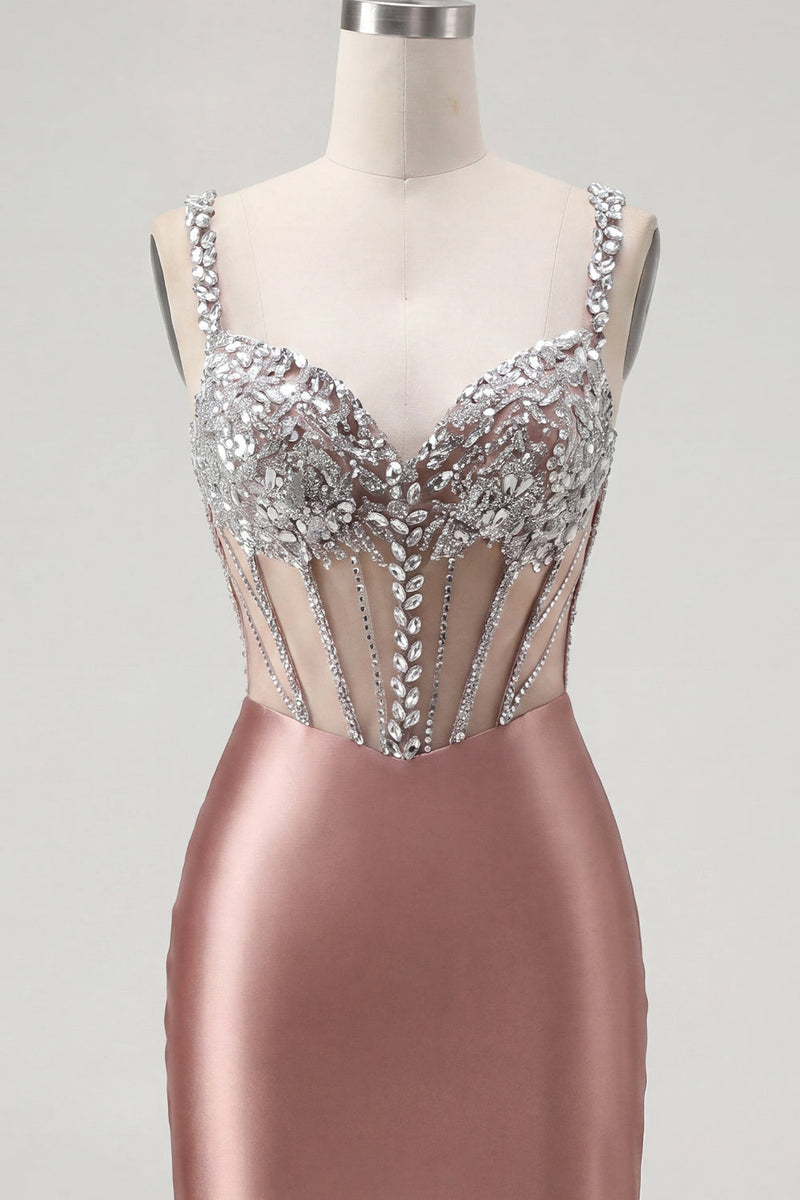Laden Sie das Bild in den Galerie-Viewer, Blush-Satin Bodycon transparentes Korsett-Mini-Homecoming-Kleid mit Strasssteinen