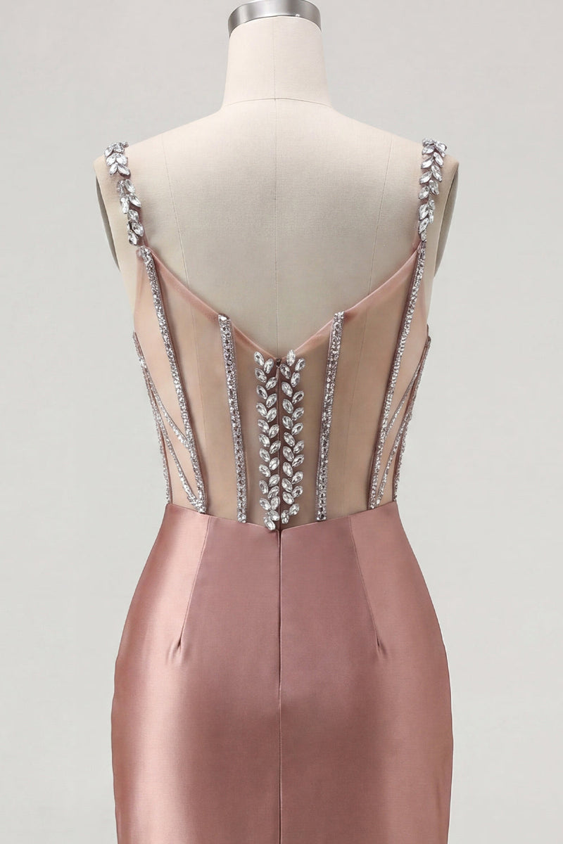 Laden Sie das Bild in den Galerie-Viewer, Blush-Satin Bodycon transparentes Korsett-Mini-Homecoming-Kleid mit Strasssteinen