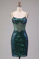 Laden Sie das Bild in den Galerie-Viewer, Glitzerndes dunkelgrünes Blumenkorsett Bodycon Pailletten Kurzes Homecoming-Kleid