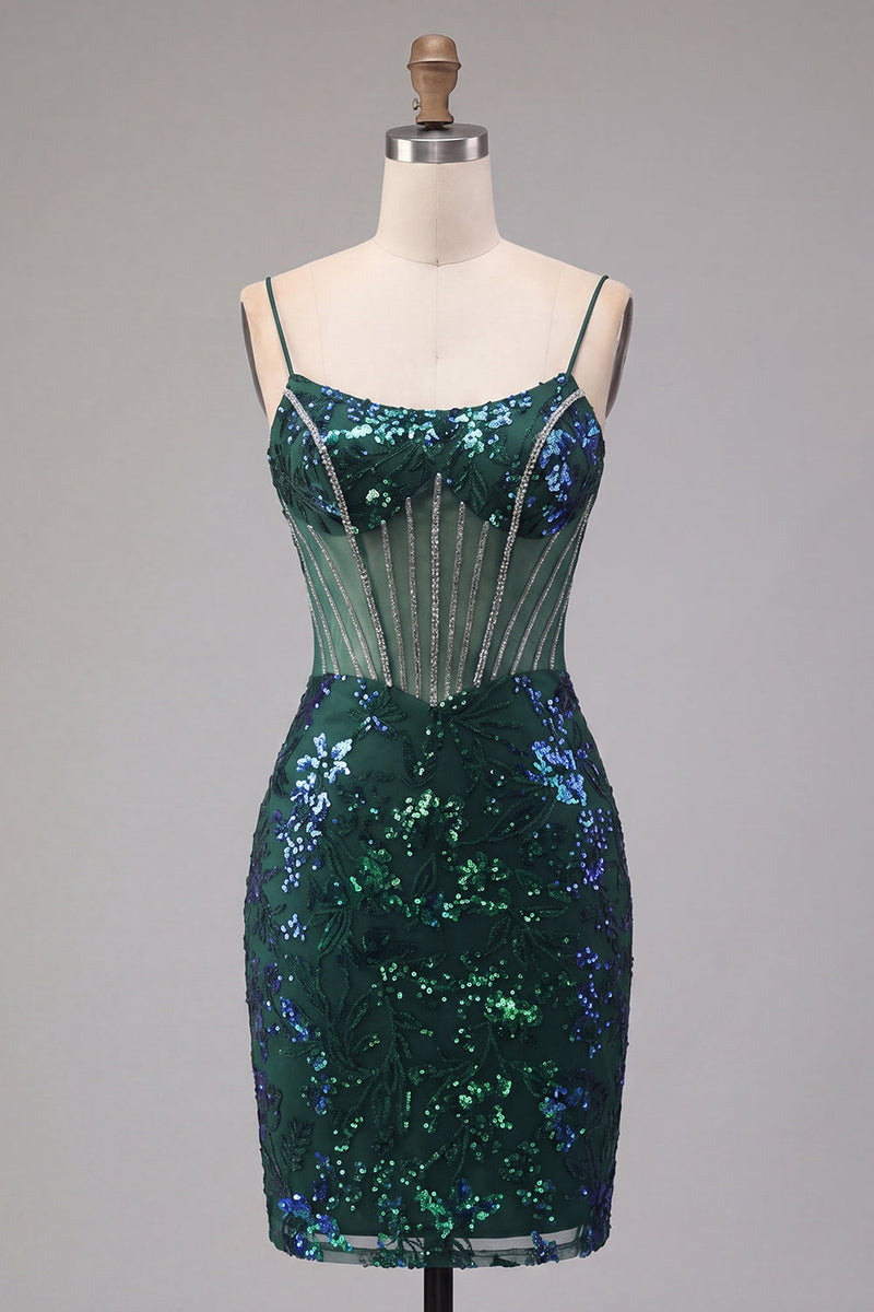 Laden Sie das Bild in den Galerie-Viewer, Glitzerndes dunkelgrünes Blumenkorsett Bodycon Pailletten Kurzes Homecoming-Kleid